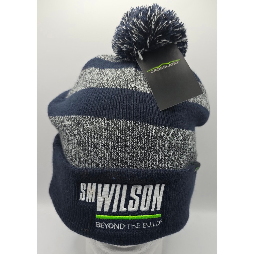 Crossland SM Wilson Beyond the Build‎ Navy Grey Striped Pom Beanie Hat NWT